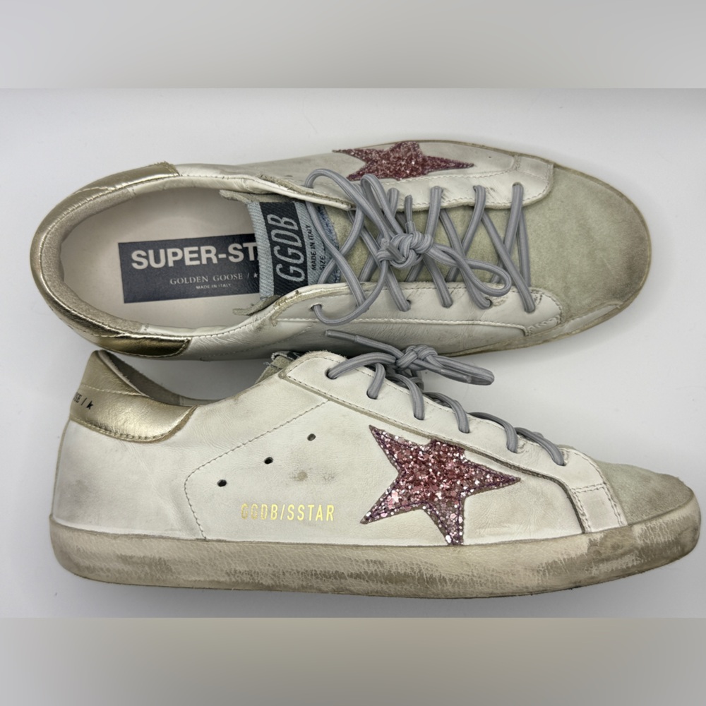 Golden Goose Super Star with Pink Glitter Star and Gold Leather Size 40